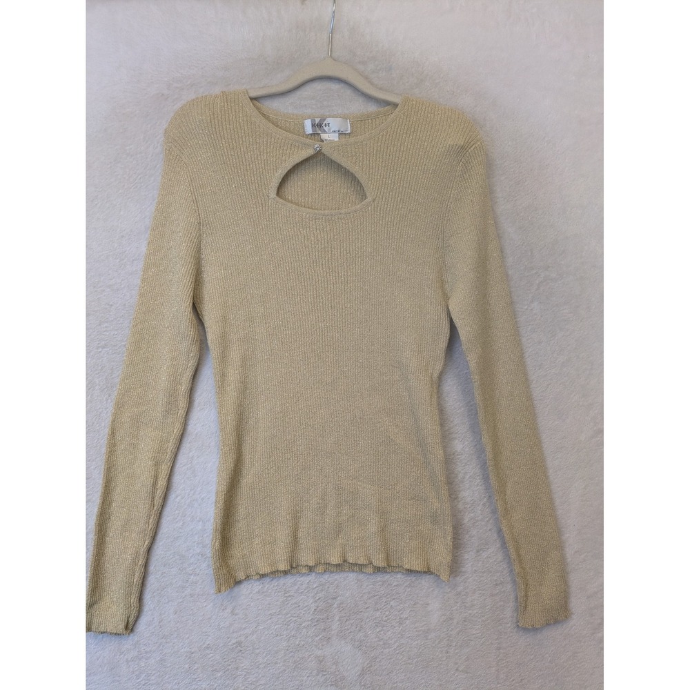 Kikit Knit Top Women's Large Gold Metallic Keyhole Rhinestone Long Sleeve Ribbed